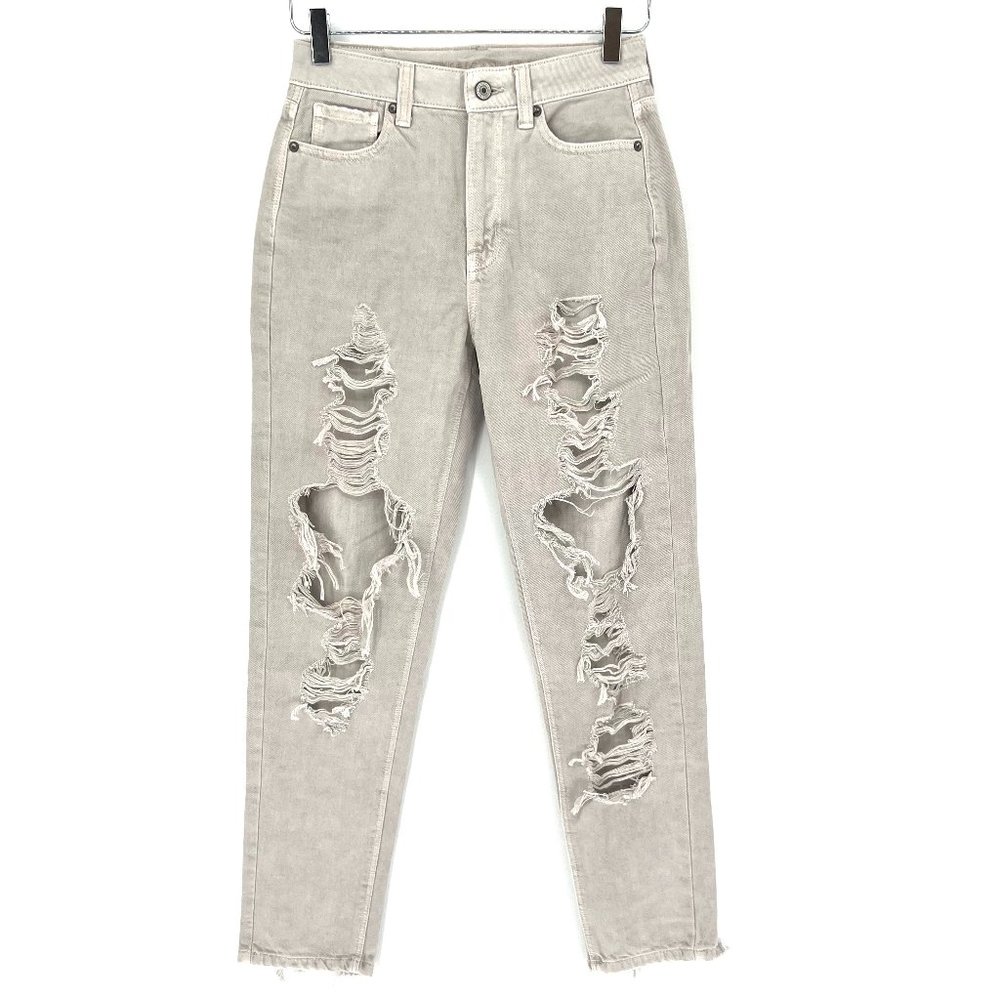 American Eagle Mom‎ Jeans High Rise Distressed Destroyed Grey Denim Size 0